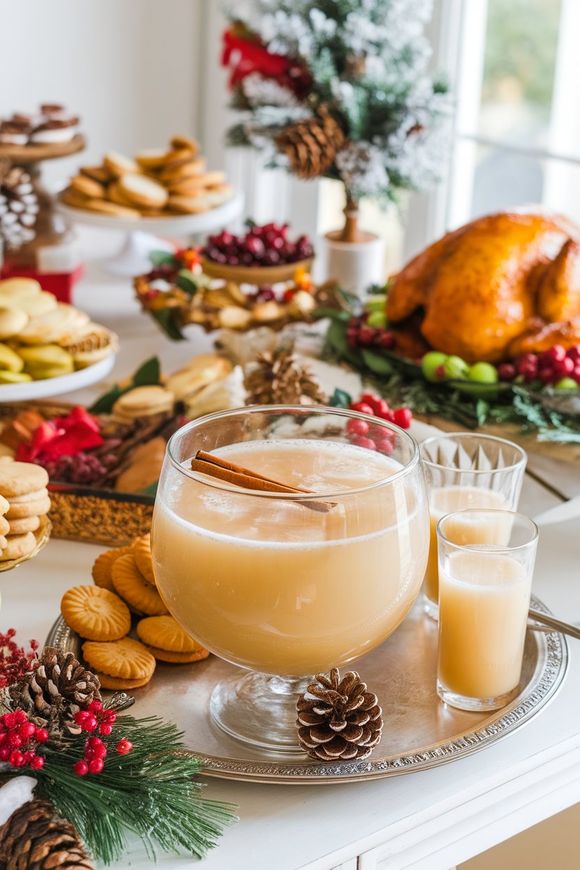 An indoor holiday buffet with a punch bowl of light golden apple-pear punch and matching glass, cinnamon stick floating. No text or logos. Photo.