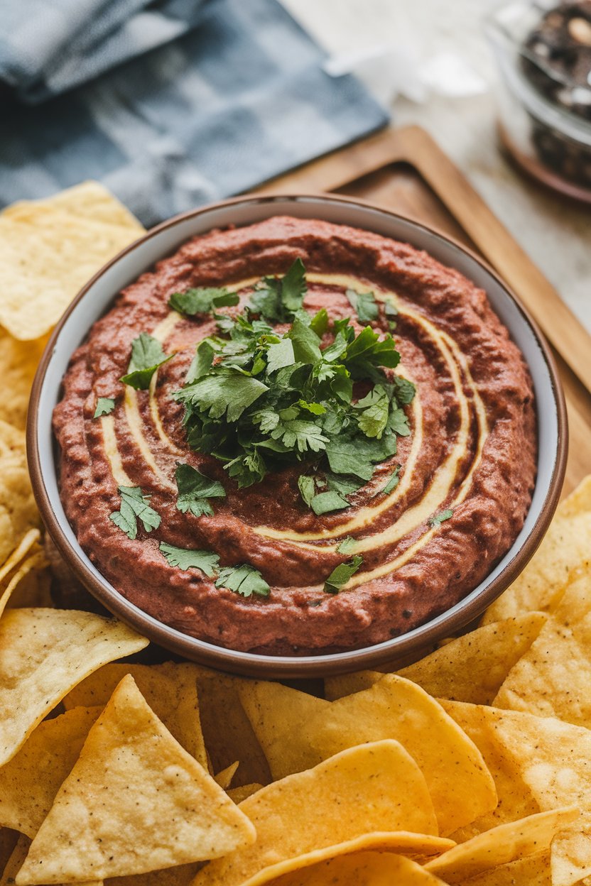 Indoor scene with a shallow bowl of creamy black bean dip topped with a swirl of chipotle sauce and chopped cilantro, chips set nearby. No text or logos.