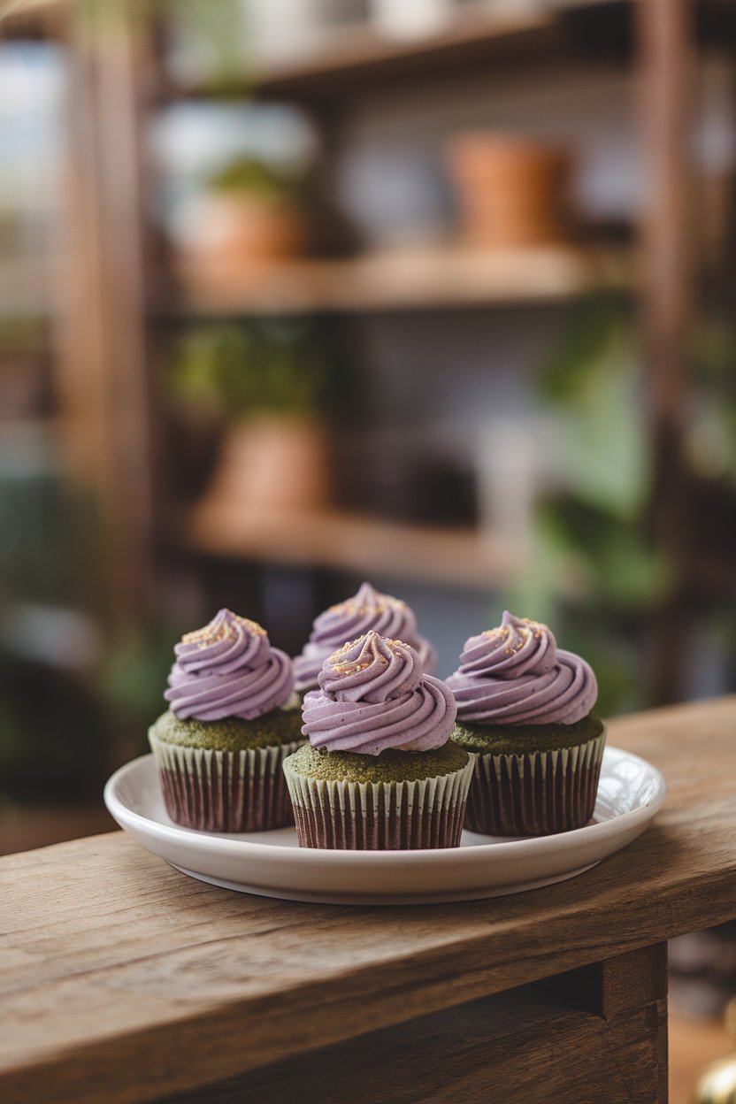 Photo of green tea cupcakes with purple frosting swirl and gold sprinkle line, indoor, no text or logos