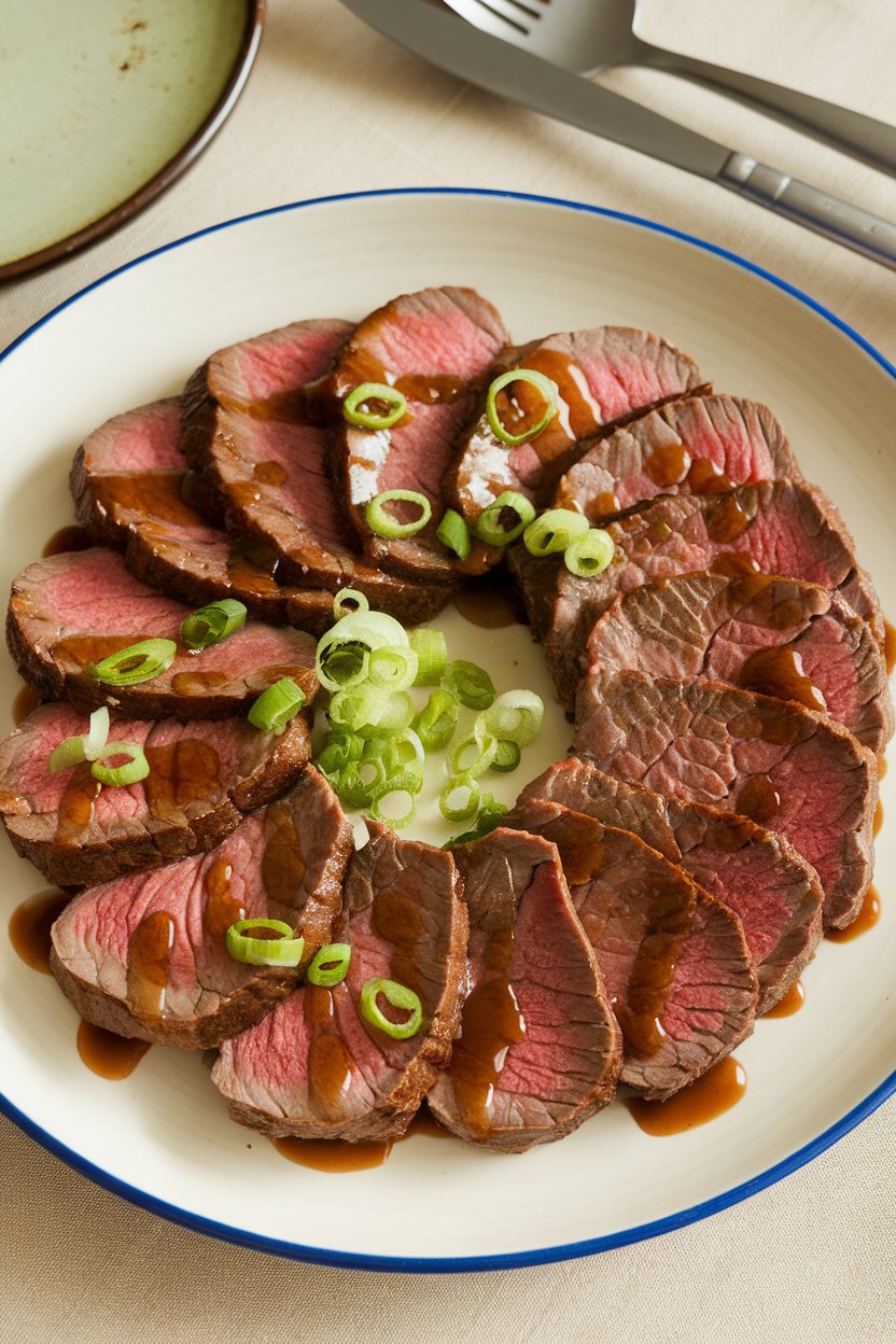 Indoor plate of beef slices drizzled with sesame-ginger glaze, garnished with scallions. No logos or text.