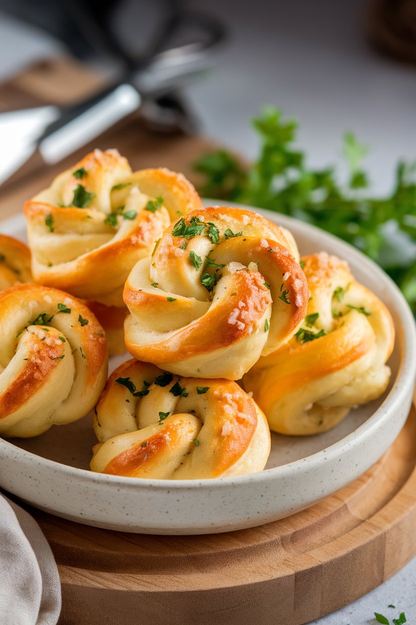 Indoor photo of golden, buttery garlic knots sprinkled with Parmesan and parsley on a round platter; no text or logos.
