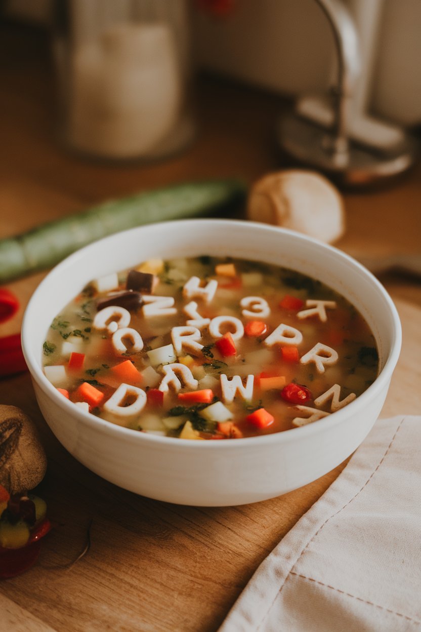 Indoor photo of a light vegetable soup with colorful diced veggies and alphabet pasta letters floating on top; no text or logos.