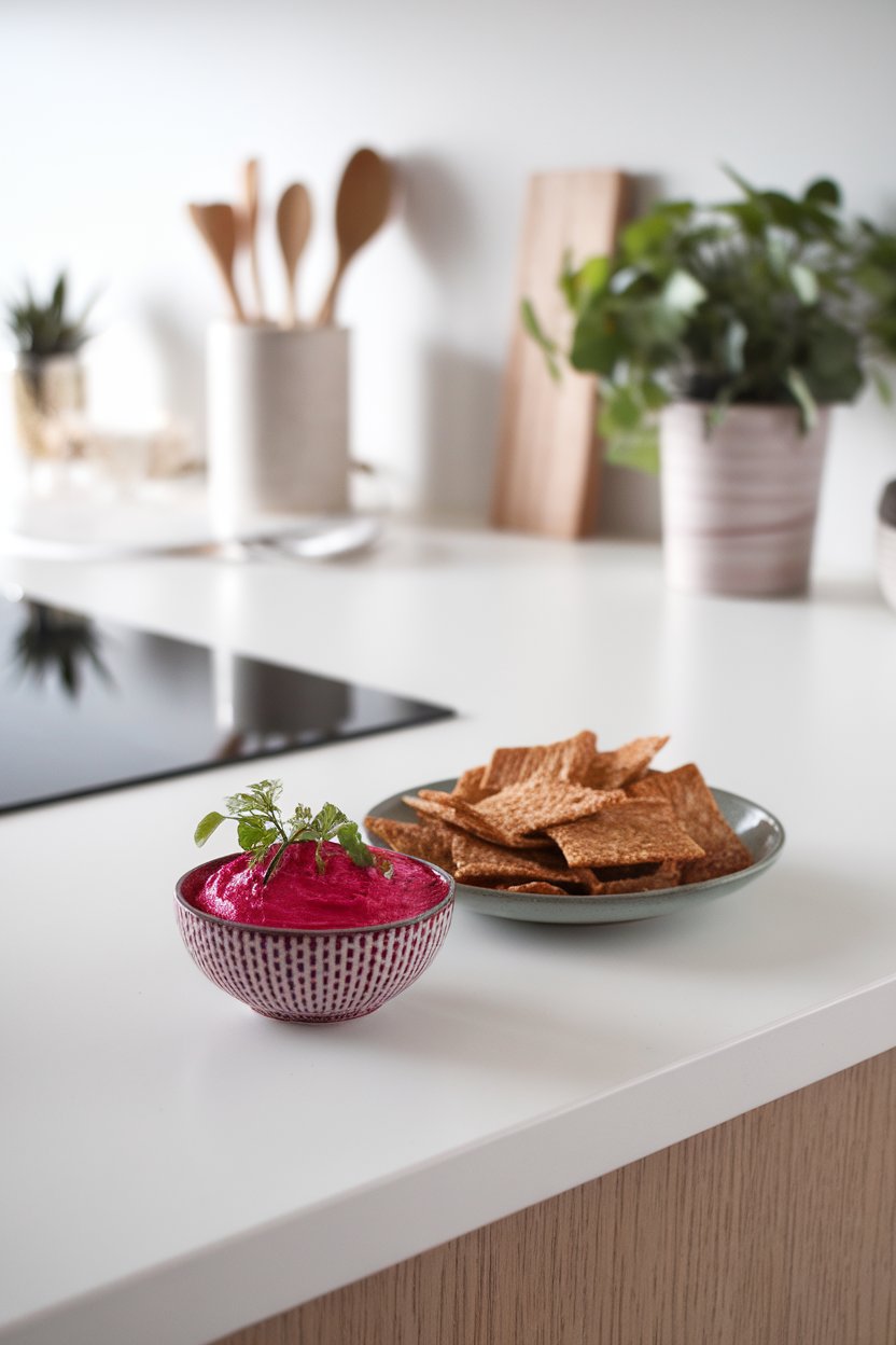 Indoor modern countertop with a small bowl of bright fuchsia beet horseradish dip, rye crisps on the side. No text or logos.