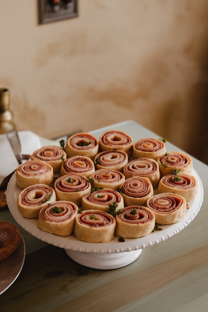 A white platter on an indoor dining table holding almond-flour dough pinwheels spiraled with ham and Swiss cheese; no text or logos.