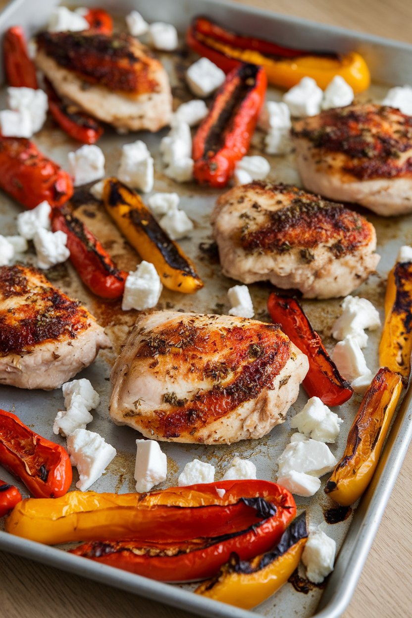 Indoor photo of a sheet pan carrying oregano-rubbed chicken pieces, roasted bell peppers, and crumbled feta added after baking. No text or logos.