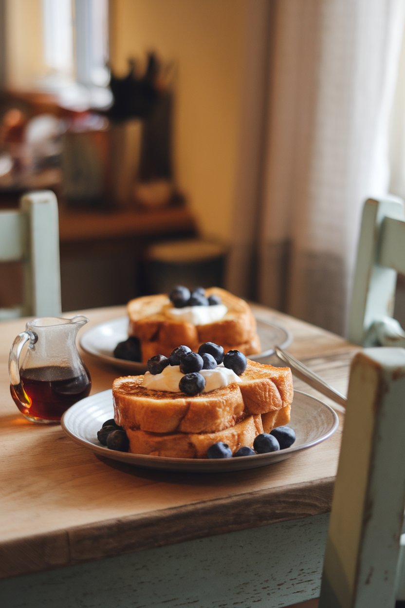 An indoor breakfast table with two slices of golden French toast topped with fresh blueberries and a dollop of yogurt, small syrup pitcher nearby. No text or logos. Photo, not illustration.