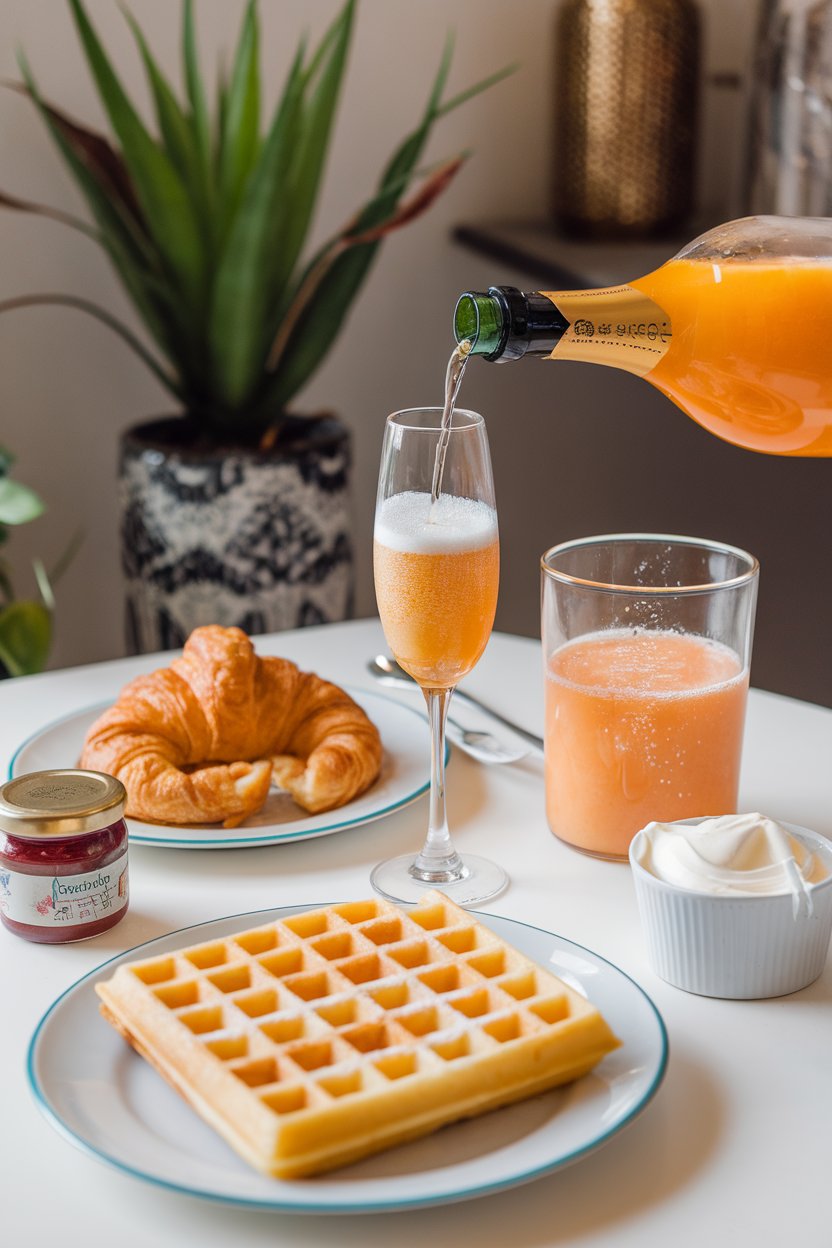 Photo of an indoor brunch table with a champagne flute mid-pour from a pitcher of orange-peach puree and bubbles; no text or logos.