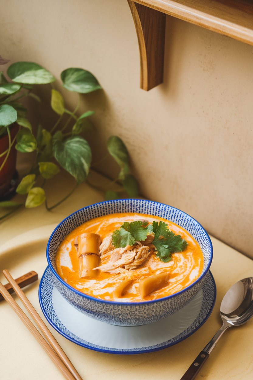 Indoor table scene with a bowl of coconut curry soup—creamy orange broth, bamboo shoots, shredded chicken, and cilantro garnish. No text or logos. Photo.
