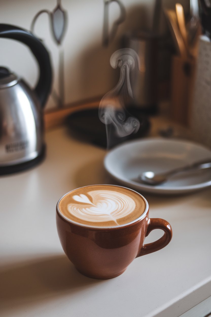 An indoor kitchen counter showing a ceramic mug of latte art with a faint pink hue, steam curling upward; photo, not illustration; no text or logos.