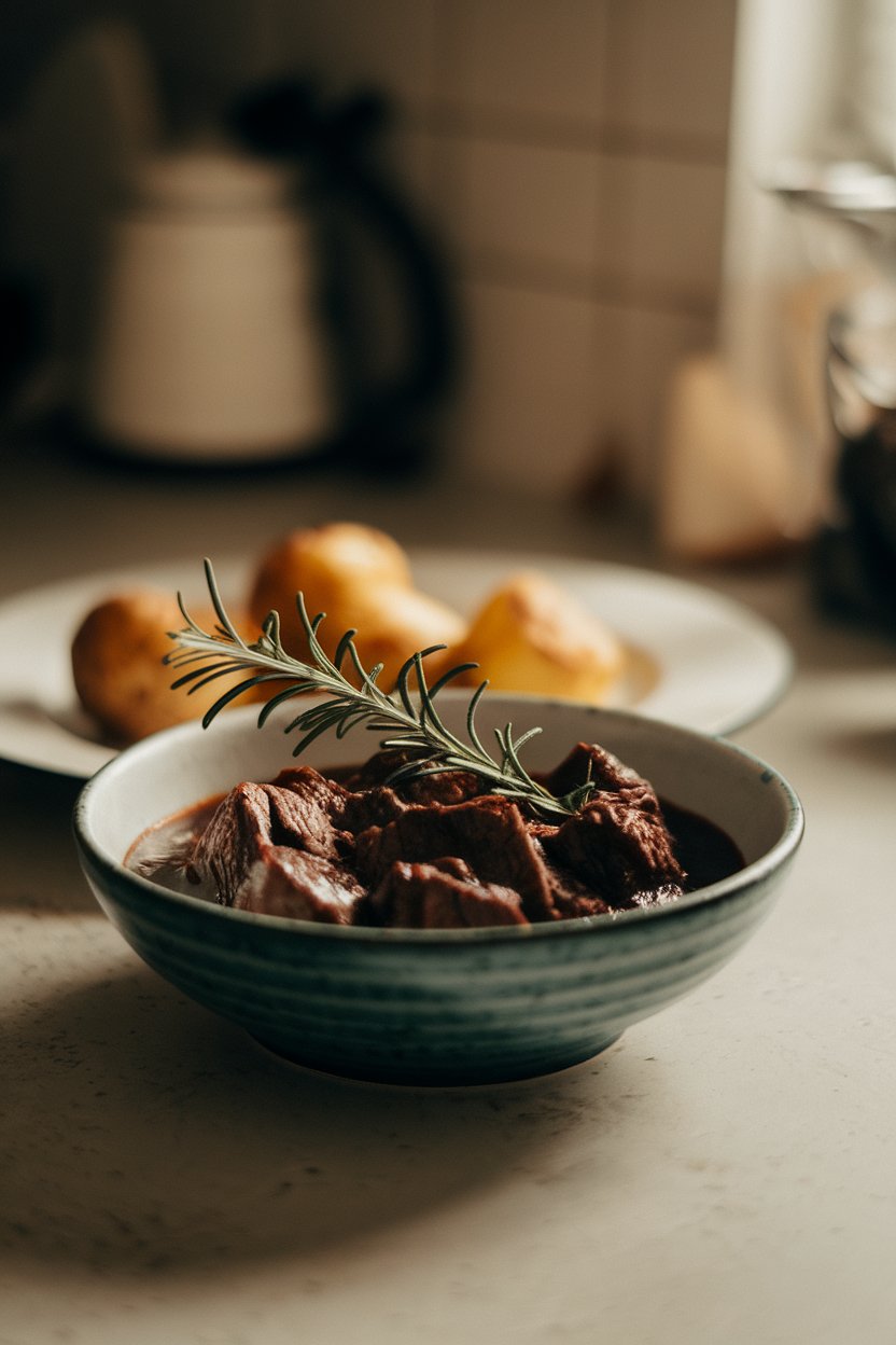 Softly lit countertop with a bowl of dark balsamic beef stew, rosemary sprig as garnish, roasted potatoes on a side plate. No text or logos. Photo.