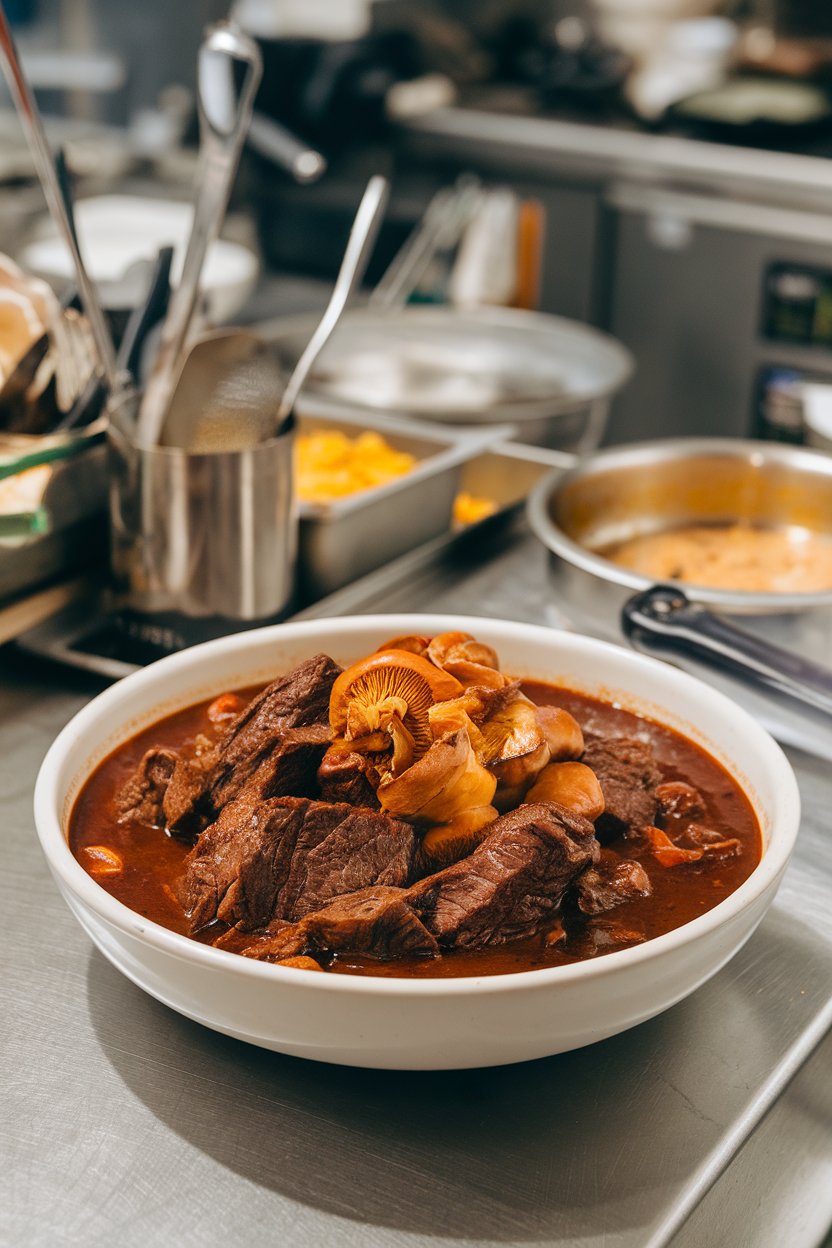Indoor chef’s counter with a bowl of beef stew showcasing porcini mushrooms and a deep burgundy sauce. No text or logos. Photo.