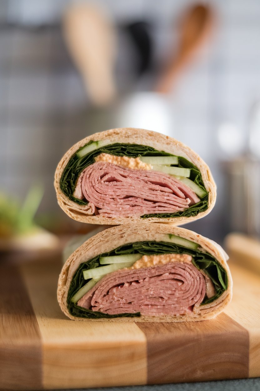 Photo of a sliced whole-wheat wrap showing layers of turkey breast, hummus, cucumber strips, and spinach, displayed indoors on a cutting board. No text or logos.
