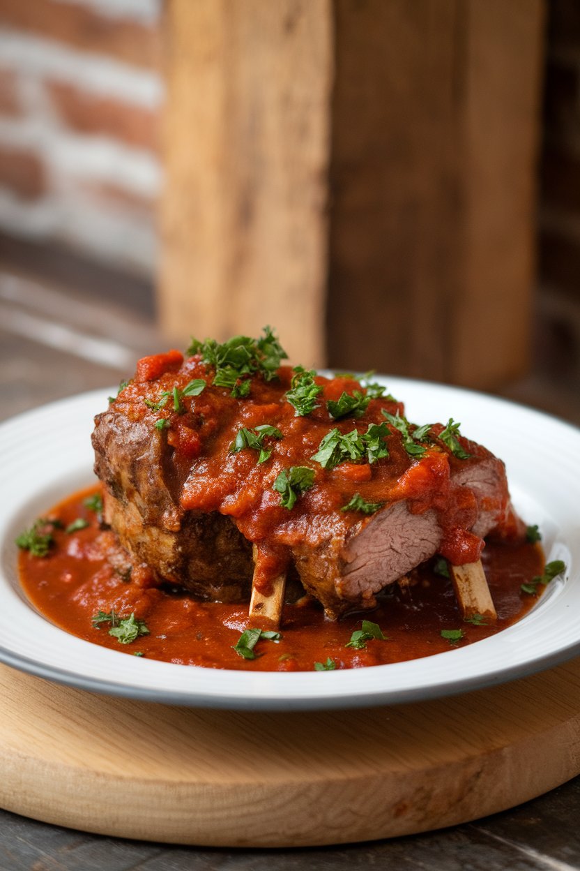 Indoor photo of short ribs in rich malbec-tomato sauce, chopped parsley; no text or logos