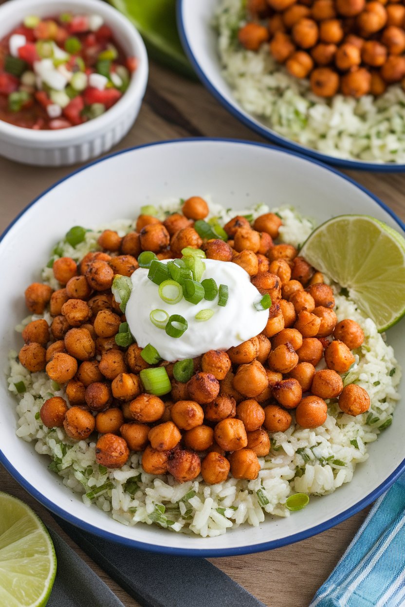 Photo indoors of taco-seasoned roasted chickpeas over cilantro lime rice with salsa, no text.