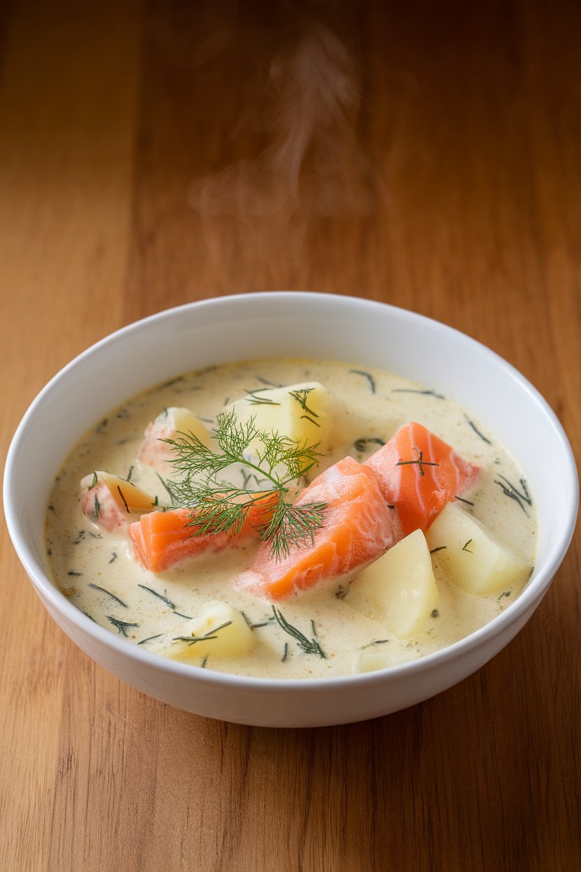 An indoor coastal-inspired table showing a bowl of creamy cooked salmon chowder with potatoes and dill, steam rising. No text or logos. Photo only.