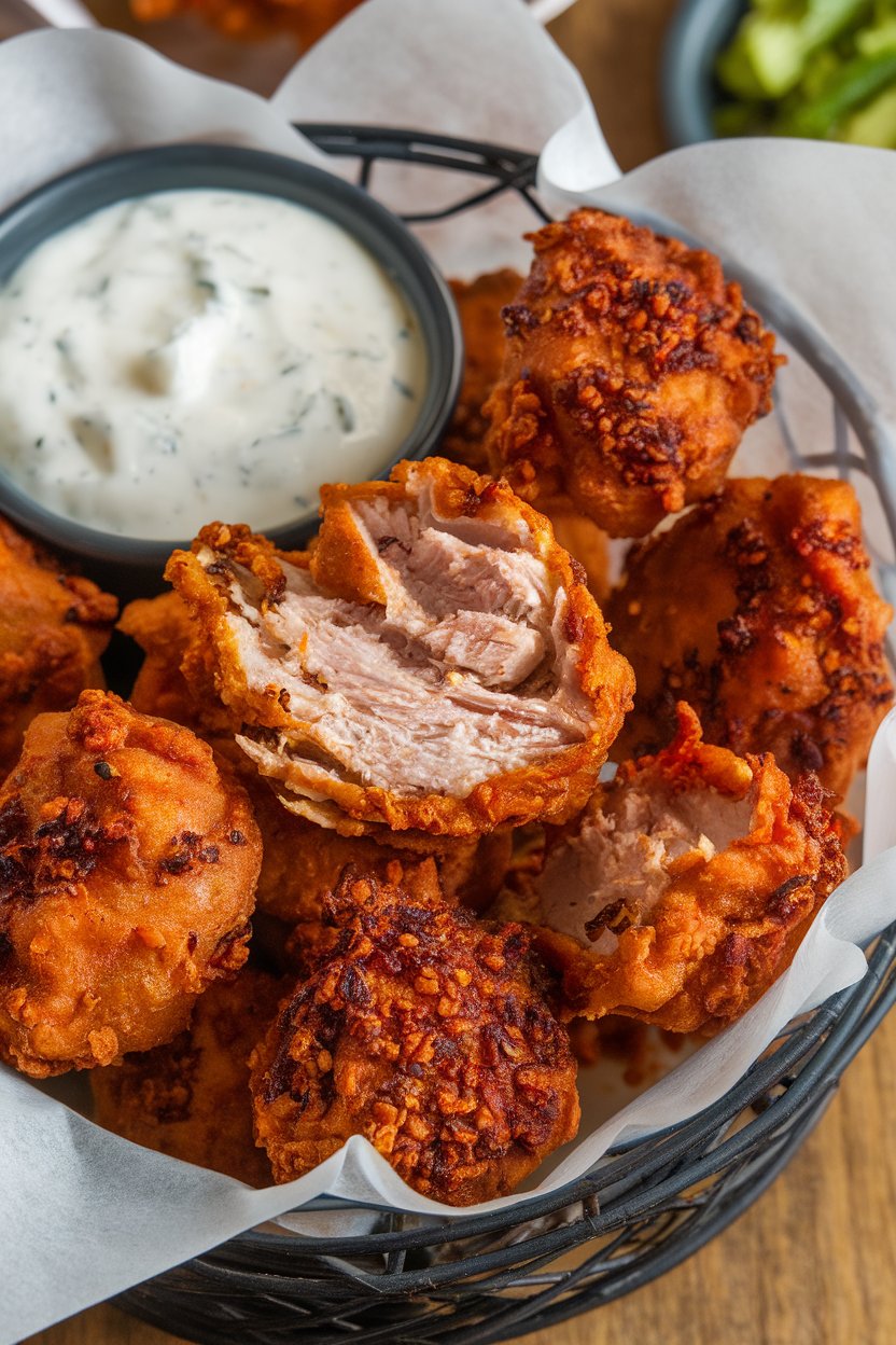 Indoor photo of bite-sized fried turkey pieces dusted with Cajun seasoning, served in a basket with ranch dip. No text or logos.