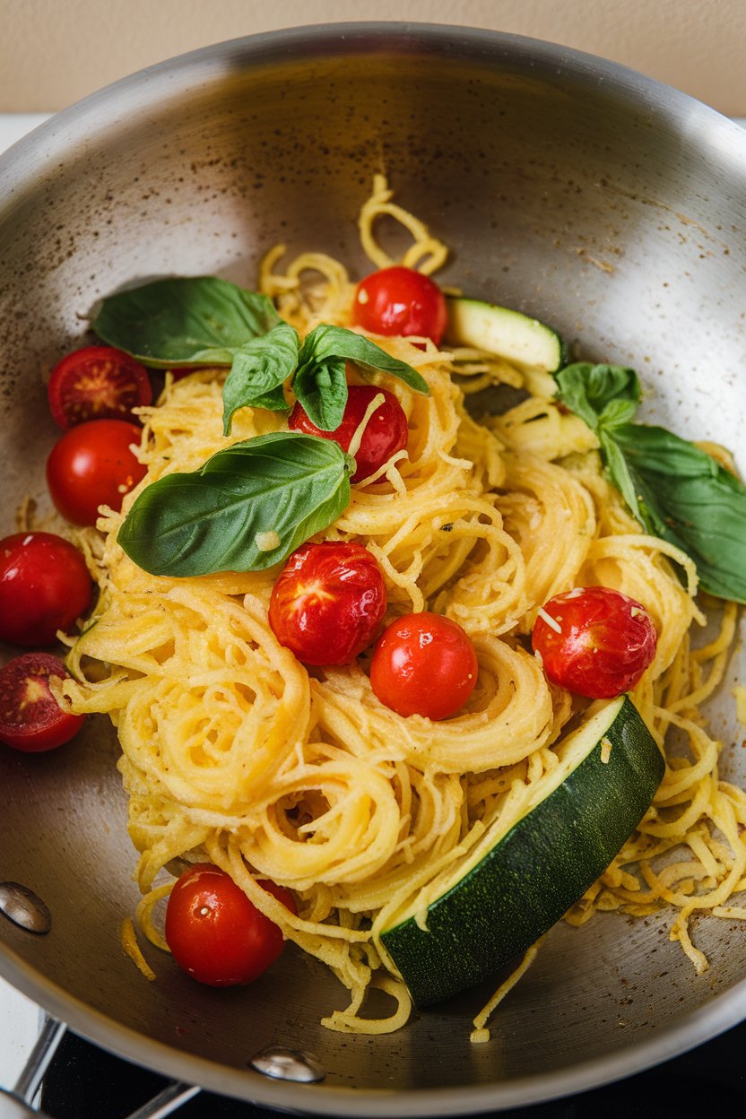 Indoor photo of spaghetti squash strands tossed with cherry tomatoes, zucchini, and basil in a sauté pan. No text or logos.