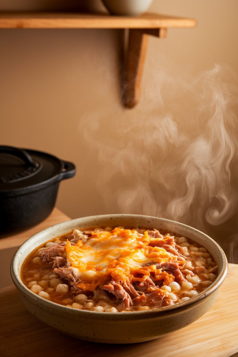 Indoor photo of hominy, shredded pork, and green chiles baked in savory broth with a cheese topping, steam wafting up. No text or branding.