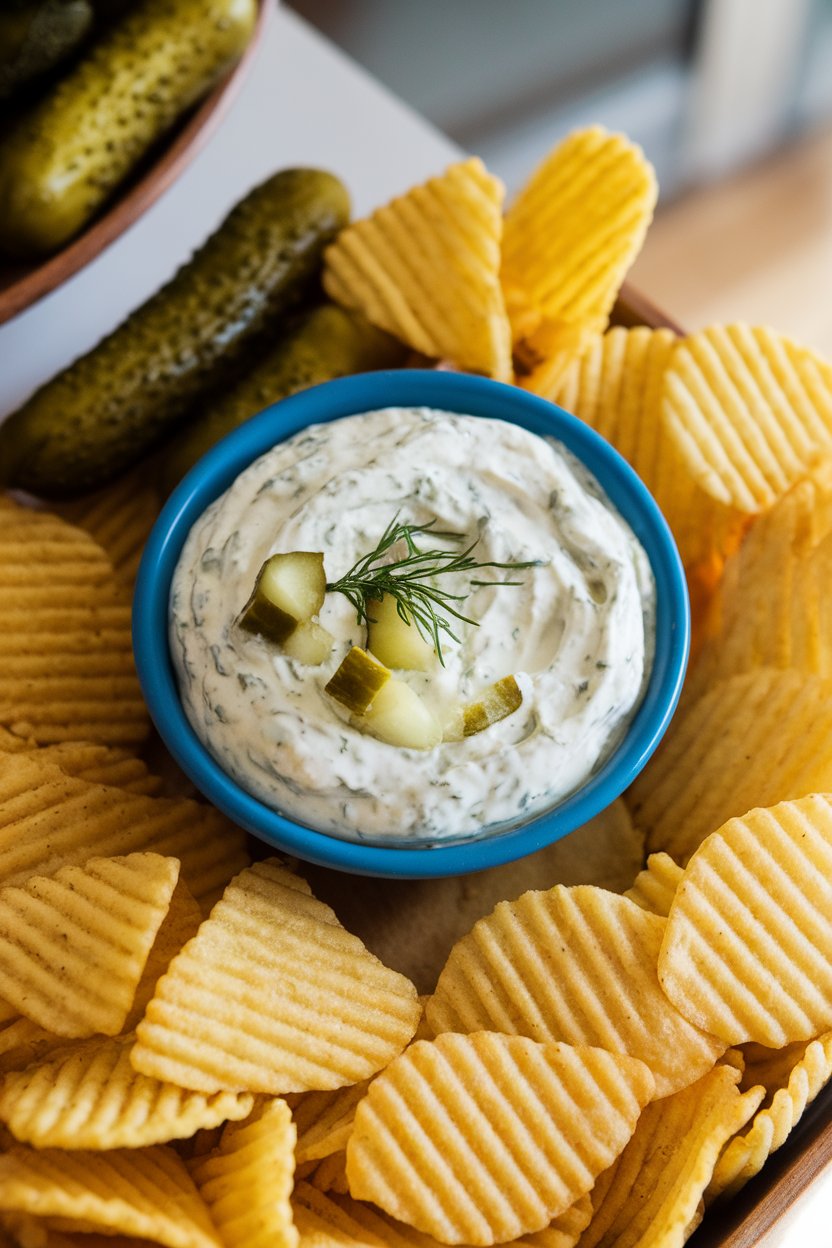 An indoor snack table showing a small bowl of creamy dill pickle dip speckled with chopped pickles, surrounded by ridged potato chips. No text or logos. Photo, not illustration.