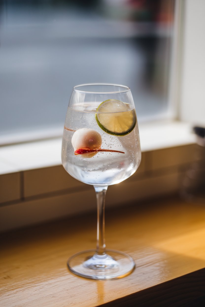 Photo of a Collins glass indoors with clear sparkling cocktail, lychee fruit and lime wheel floating, bright daylight bar window, no text or logos