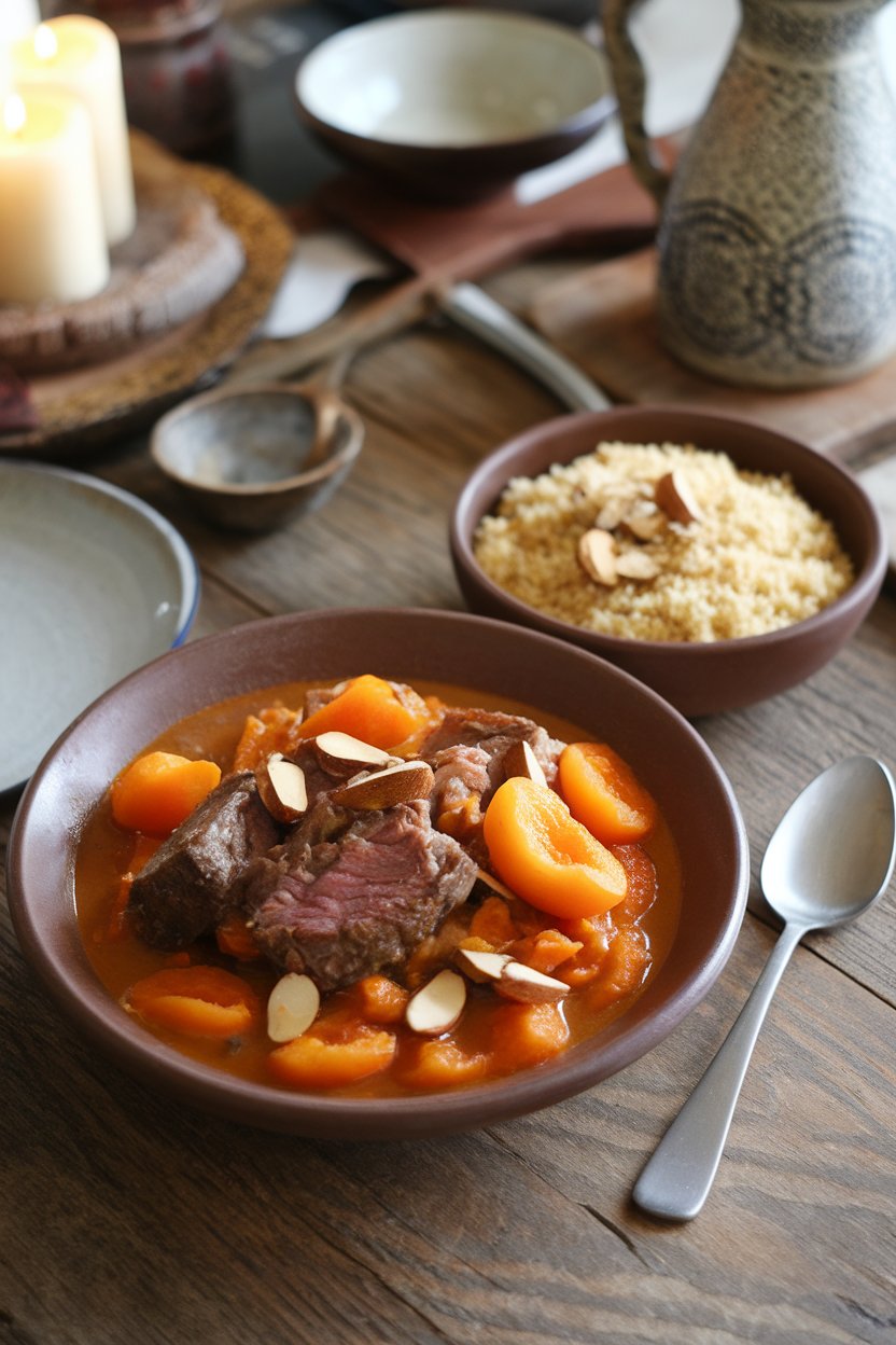 An indoor table showing a bowl of Moroccan lamb stew with apricots and almonds, served over couscous. No logos or text. Photo.