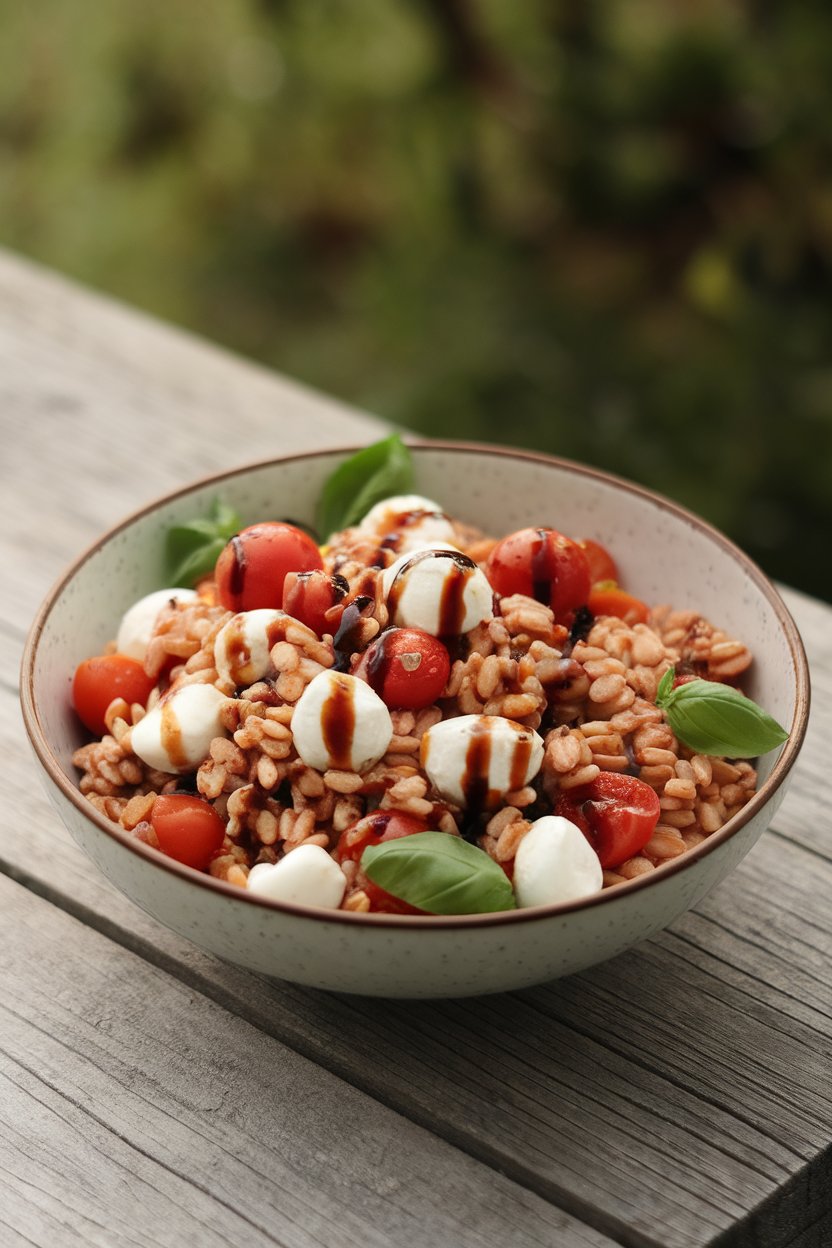 Photo indoors of farro mixed with cherry tomatoes, mozzarella pearls, basil, and balsamic drizzle, no logos.