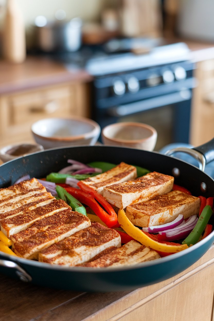 Indoor photo of roasted tofu strips with fajita seasoning, tri-color bell peppers, and red onion on a pan; no text or logos