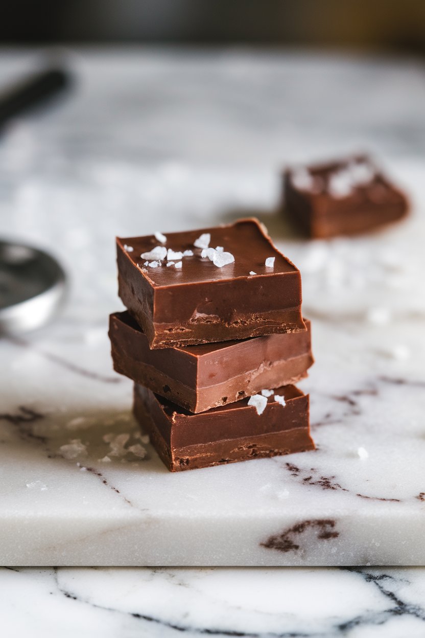 Photo of square pieces of almond butter chocolate fudge stacked on an indoor marble slab, flaky salt sprinkled on top. No text or logos.