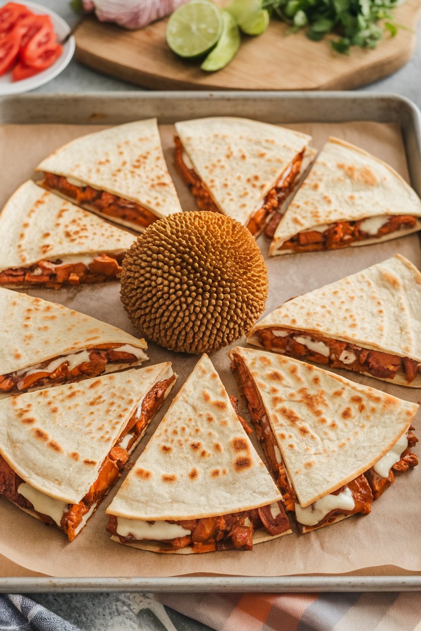 Indoor sheet pan of barbecue jackfruit quesadilla slices with melted vegan cheese, no branding.
