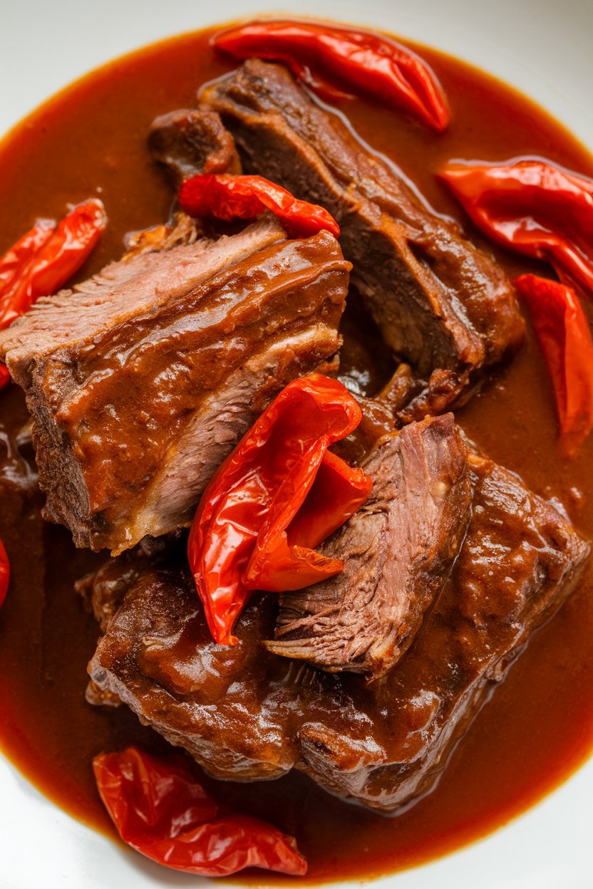 Indoor photo of short ribs in deep red sauce dotted with roasted red peppers; no text or logos