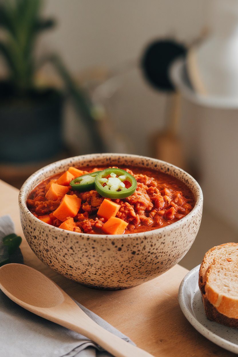 An indoor table scene with a speckled bowl of turkey chili dotted with bright orange sweet potato cubes, garnished with sliced jalapeño. No text or logos.