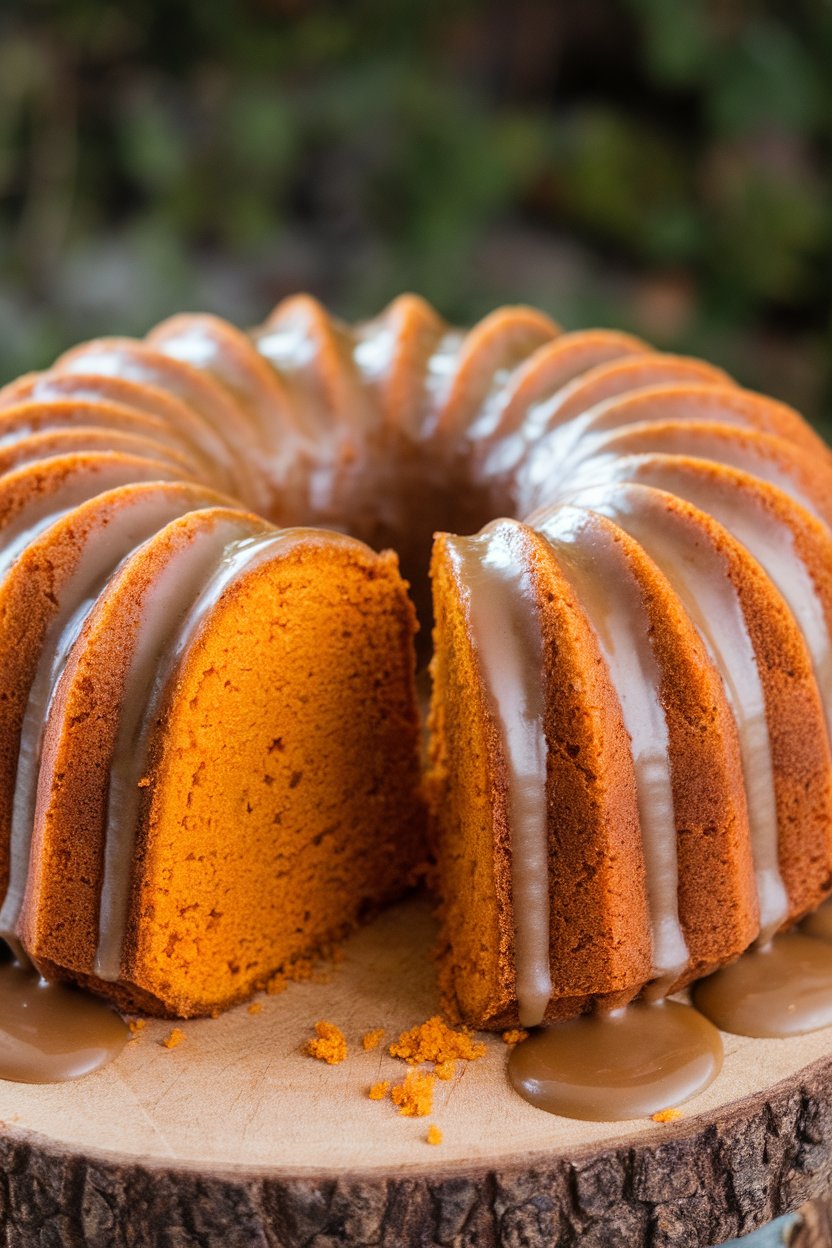 Indoor Bundt sliced to show orange sweet-potato crumb, praline glaze on ridges; no text or logos.