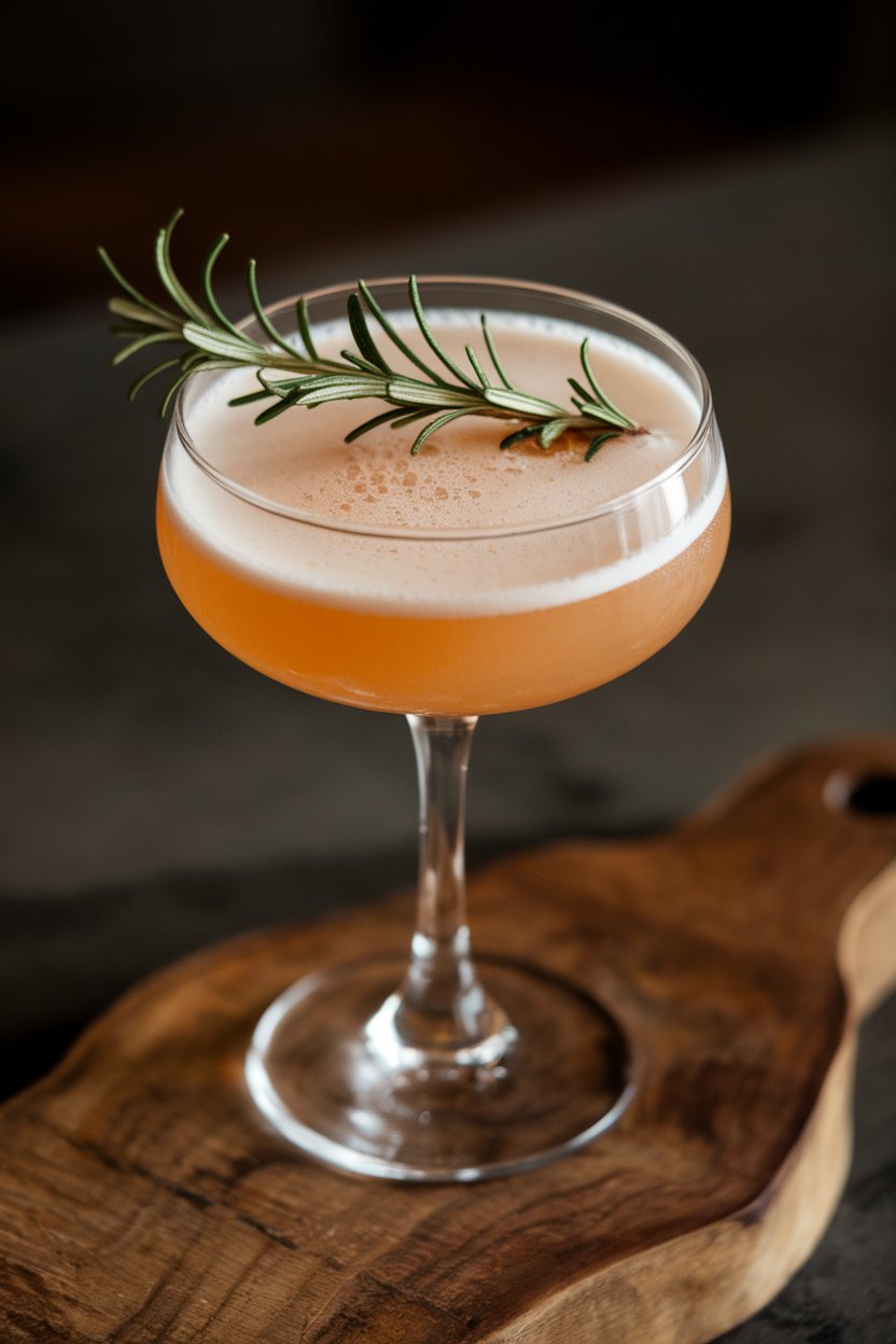 Photo indoors of a coupe glass with pale orange foamy cocktail, rosemary sprig floated on top; no text or logos.