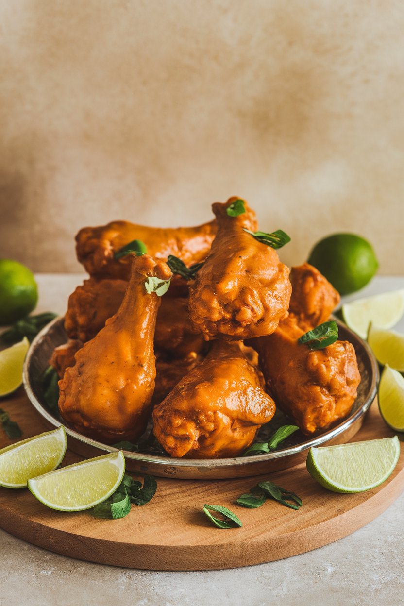 An indoor platter of golden drumsticks glazed with coconut-lime sauce, lime wedges scattered. No text or logos.