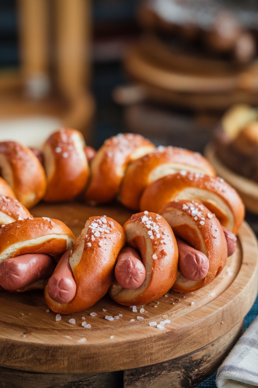 Indoor photo of soft pretzel-wrapped hot dogs sprinkled with coarse salt on a wooden board, shot close-up. No text or branding visible.