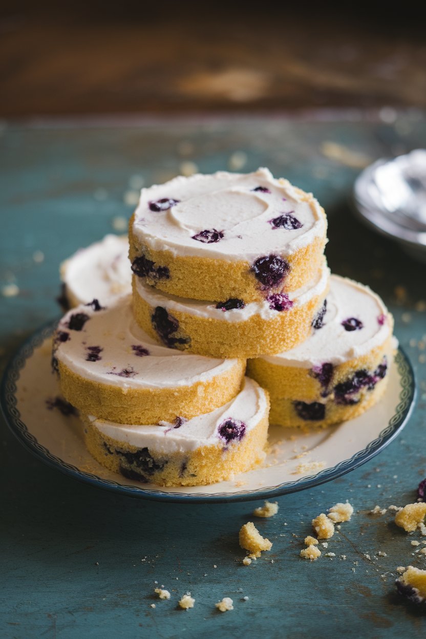Indoor plate stacked with lemon cake rounds sandwiching blueberry buttercream, crumbs on table. No text or logos; photo, not illustration.