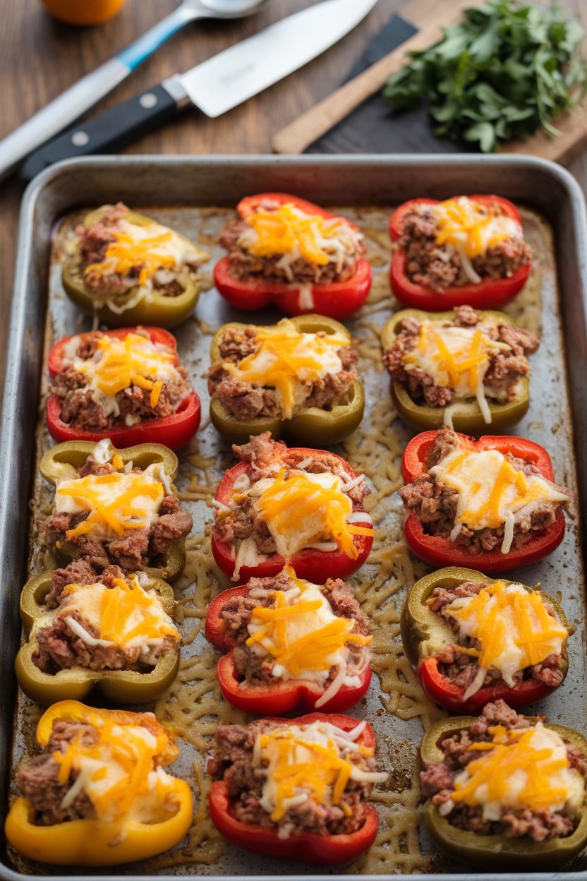 An indoor baking sheet of halved mini peppers filled with seasoned beef, melted cheese, and diced tomatoes—no text or logos. Photo, not illustration.