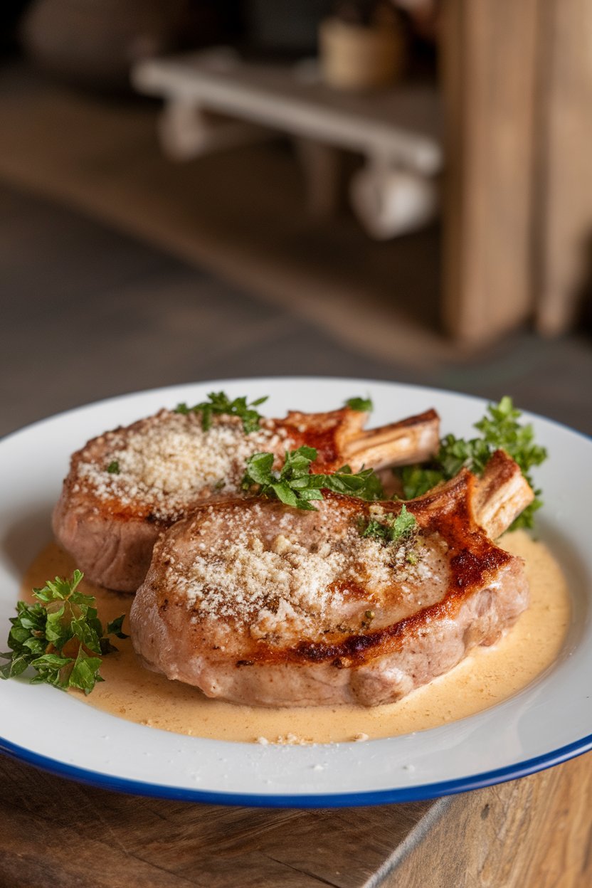 Indoor table displaying pork chops sprinkled with grated Parmesan and parsley, creamy sauce underneath, no text or logos.