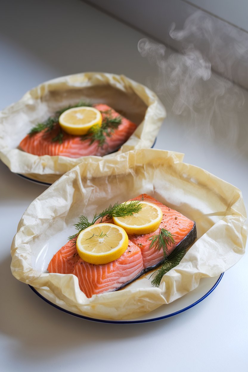 Indoor photo of parchment packets opened to reveal cooked salmon fillet topped with lemon slices and fresh dill sitting on a white plate, gentle steam visible, no text or logos