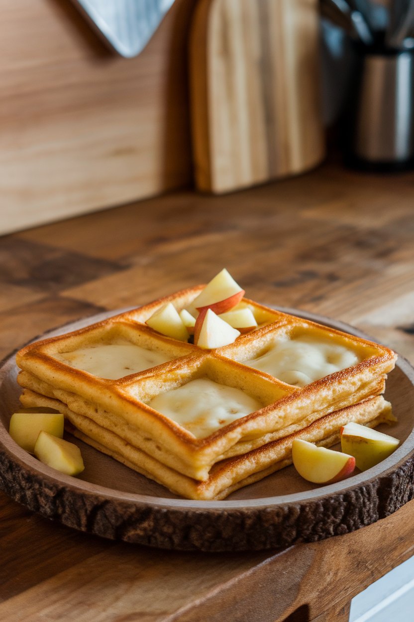 Pancake square showing apple chunks and melted cheddar pockets on an indoor rustic plate, no text or logos.