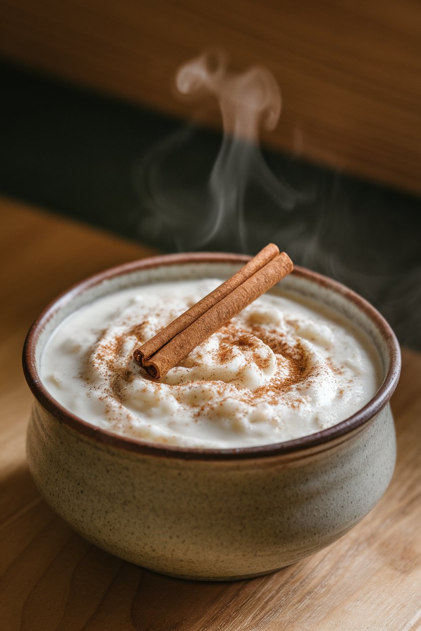 Photo of creamy chai rice pudding in an indoor ceramic bowl, cinnamon stick garnish, gentle steam rising. No text or logos present.