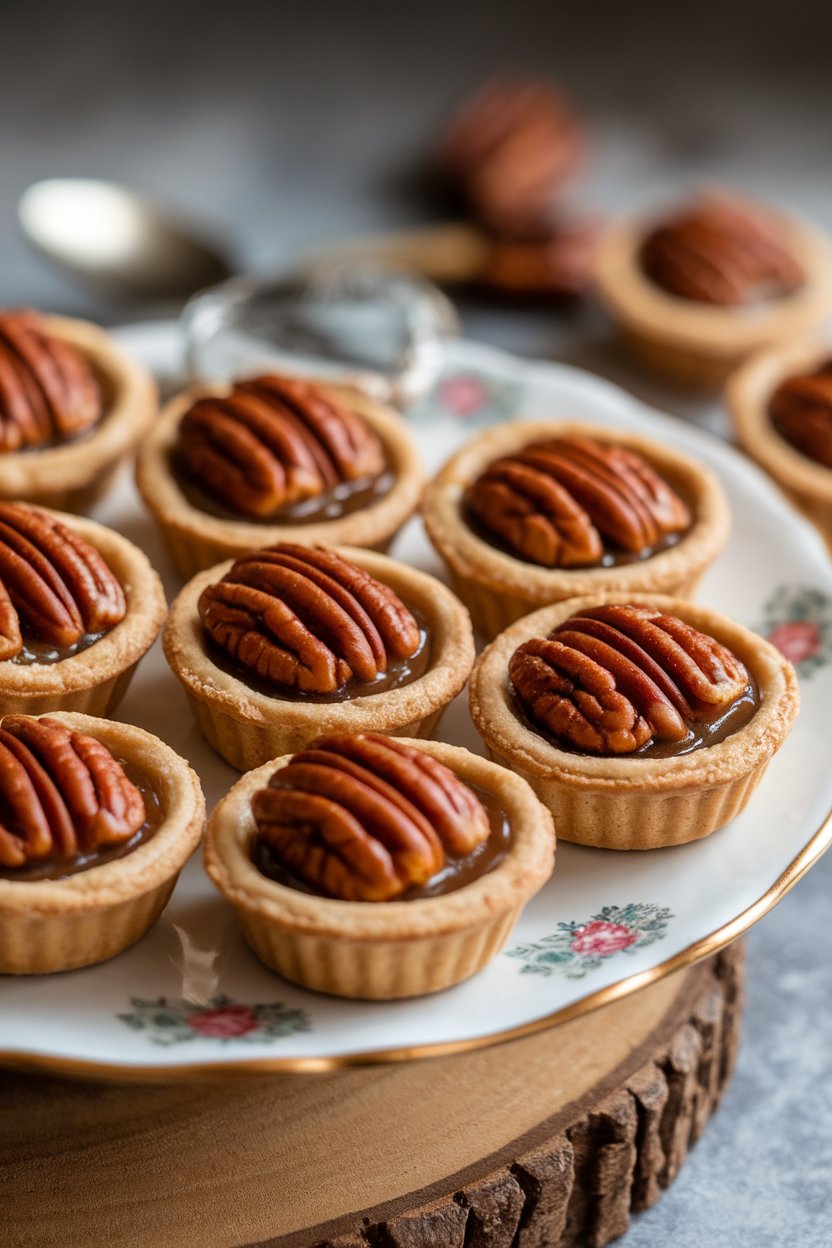Indoor photo of mini pecan tassie tarts arranged on a china platter, caramelized tops glistening. No text or logos.
