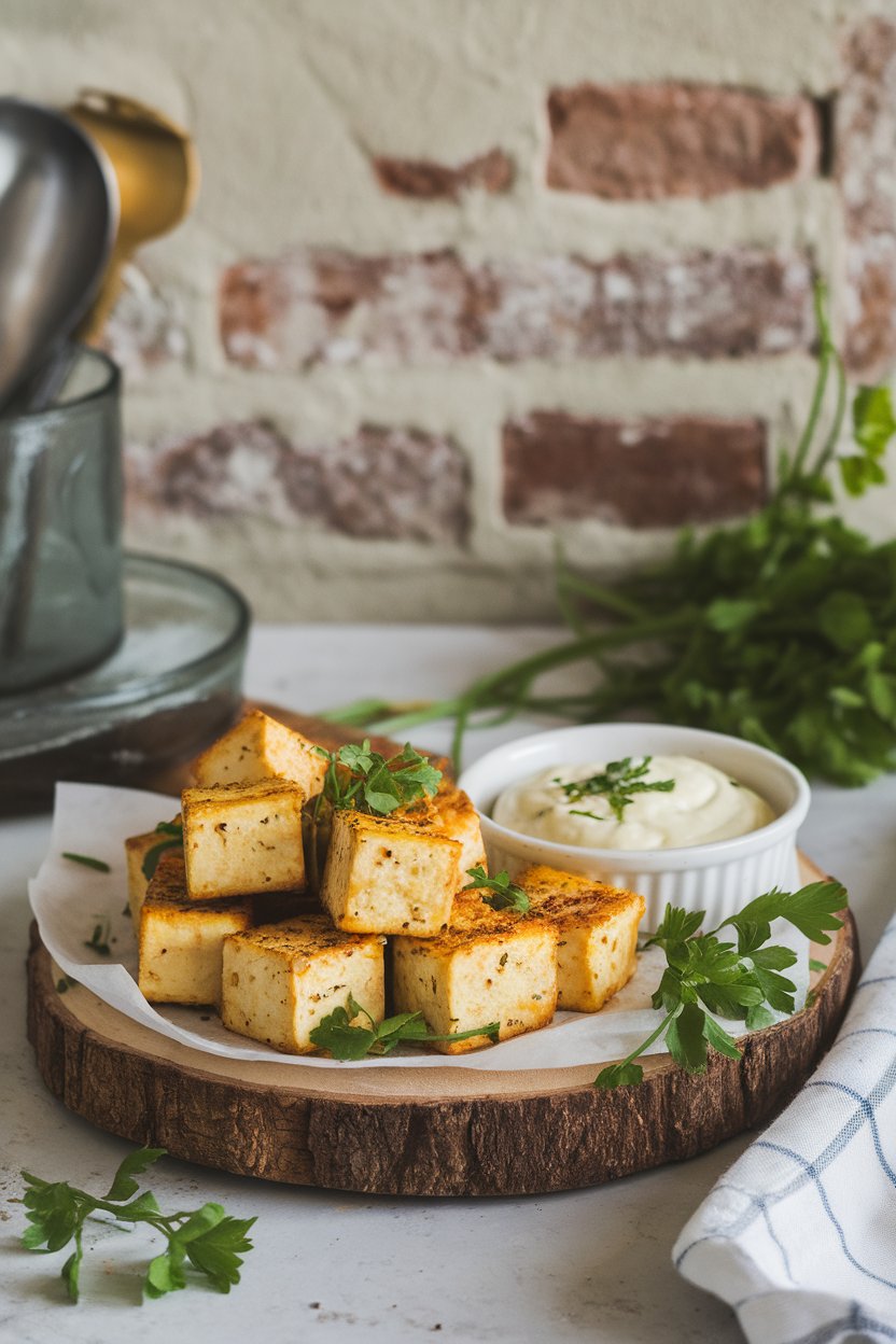 Photo prompt: Indoor serving board with crispy baked lemon-pepper tofu cubes, small dish of garlic aioli. No text or logos. Photo, not illustration.