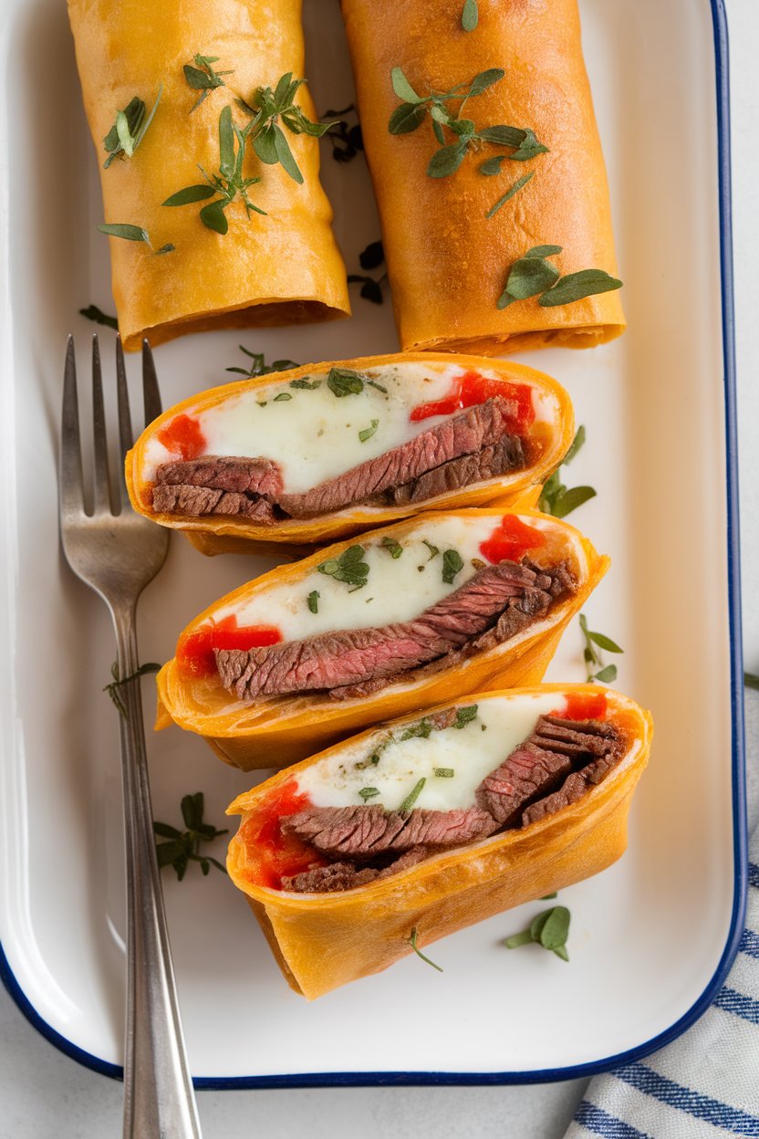 An indoor white platter with golden egg rolls cut in half, showing melted provolone, sliced steak, and peppers inside—no text or logos. Photo, not illustration.