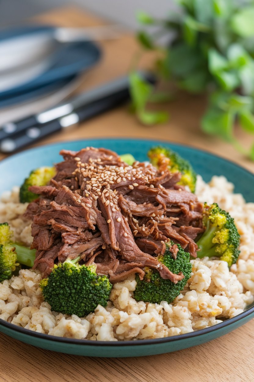 Indoor plate of tender shredded beef with broccoli florets, sprinkled with sesame seeds, over cauliflower rice. No text or logos.