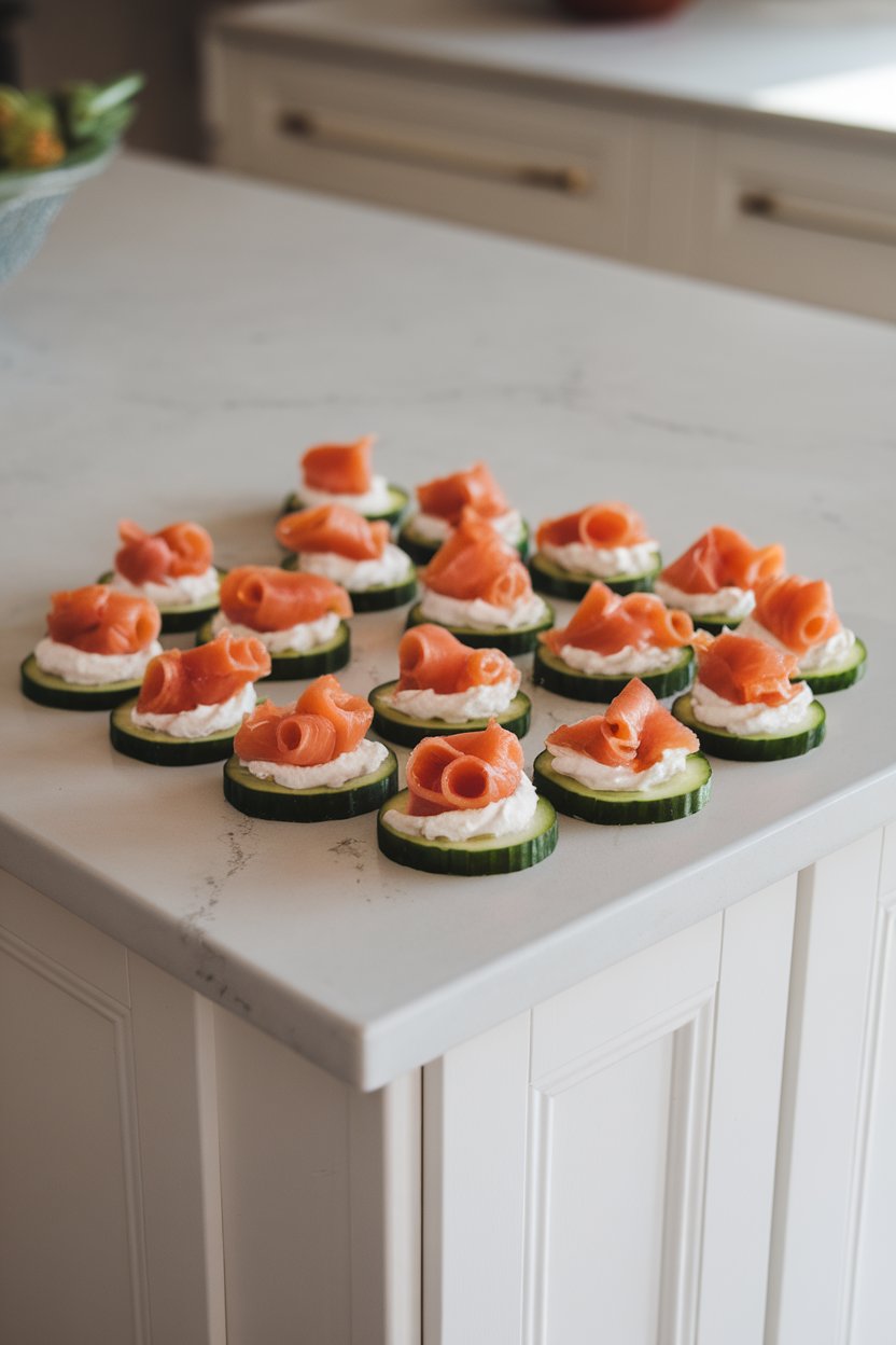 A bright indoor kitchen island with cucumber rounds topped with whipped cream cheese and small smoked-salmon ribbons; no raw fish look, salmon is fully cured. No logos.