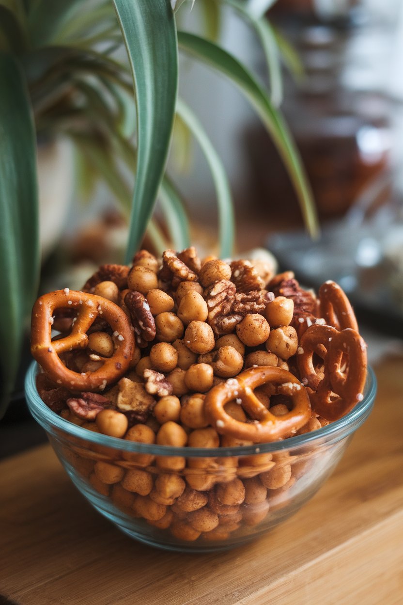 Indoor photo of a bowl filled with roasted chickpeas mixed with pretzels and seasoned nuts, all lightly dusted with spices; no text or logos