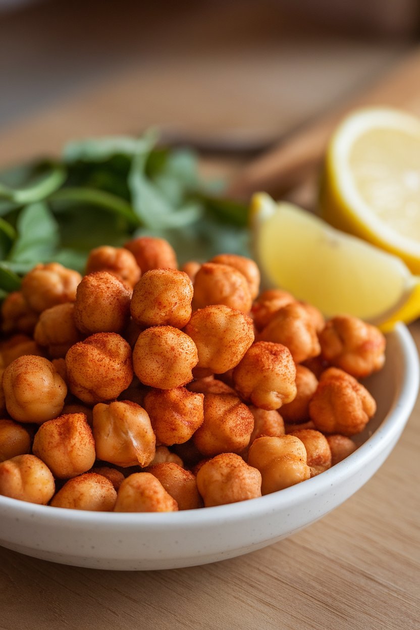An indoor snack dish with crispy air-fried chickpeas dusted in smoked paprika; no text or logos. Photo only.