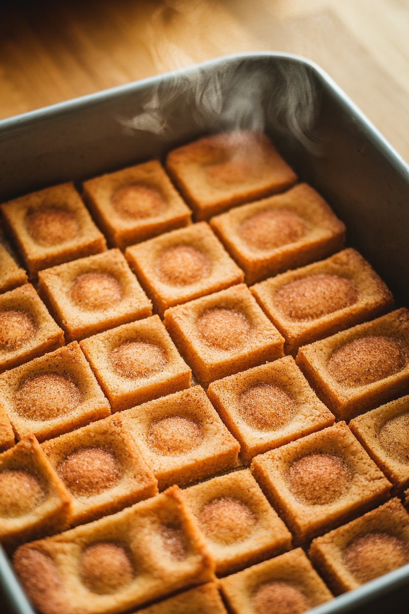 An indoor baking dish of cinnamon-sugar cookie squares cut neatly, steam faintly rising. No text or logos; photo, not illustration.