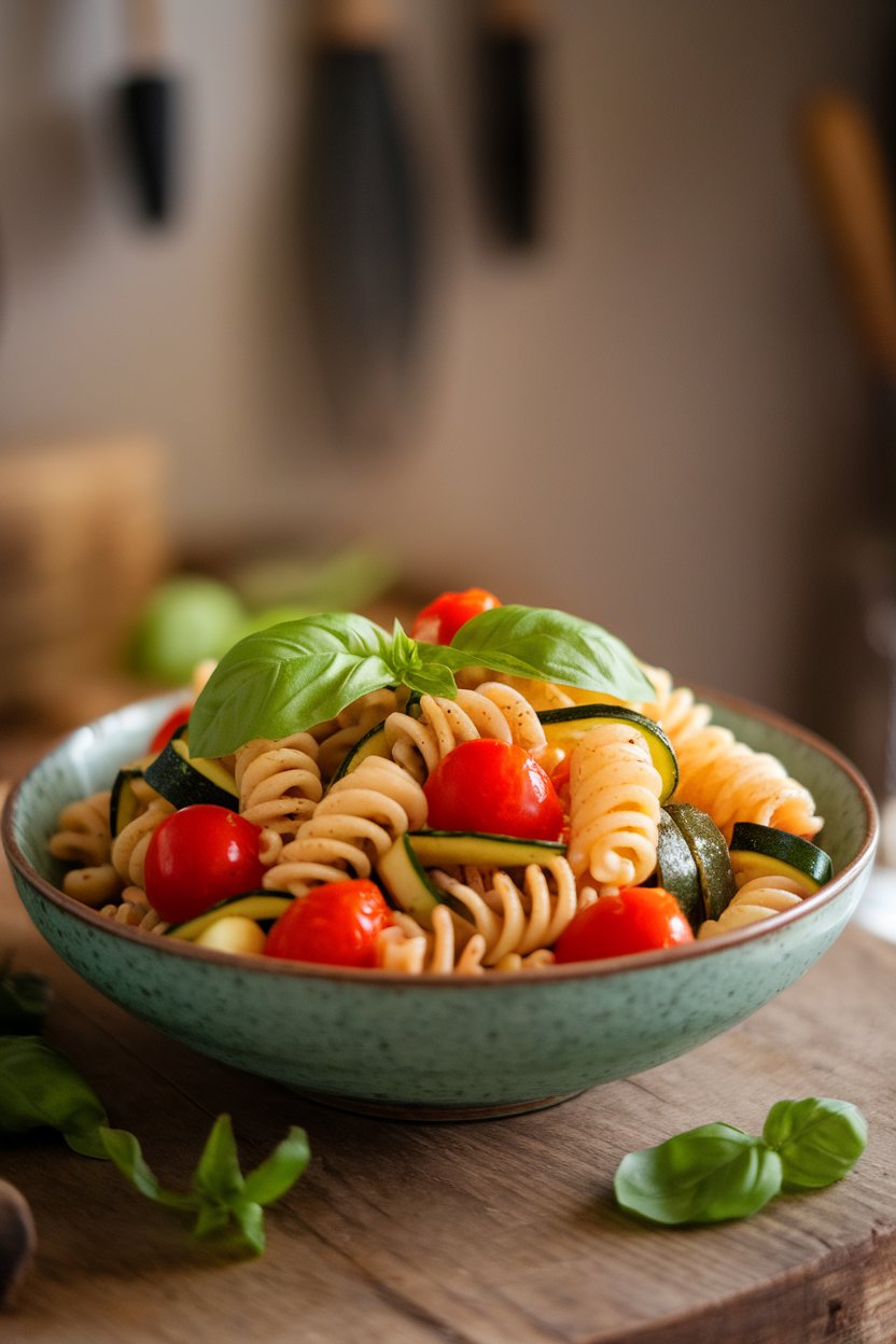 Indoor photo of a bowl of whole-wheat fusilli tossed with cherry tomatoes, zucchini ribbons, and a light basil sauce. No text or logos.
